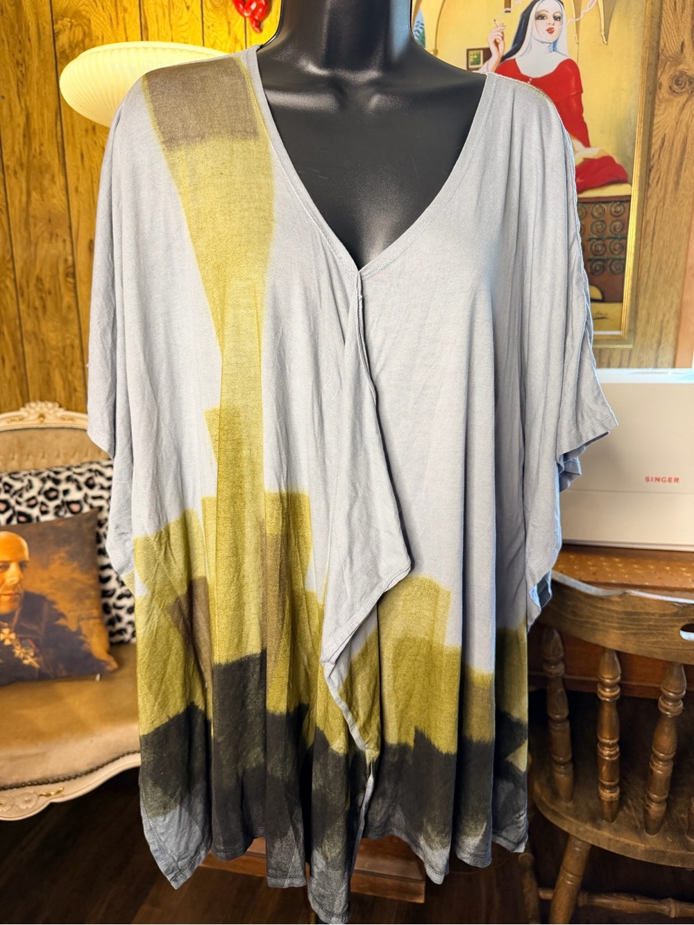Nyah Light Gray & Olive Dip-Dye Drapey V-Neck Women's Boho Top